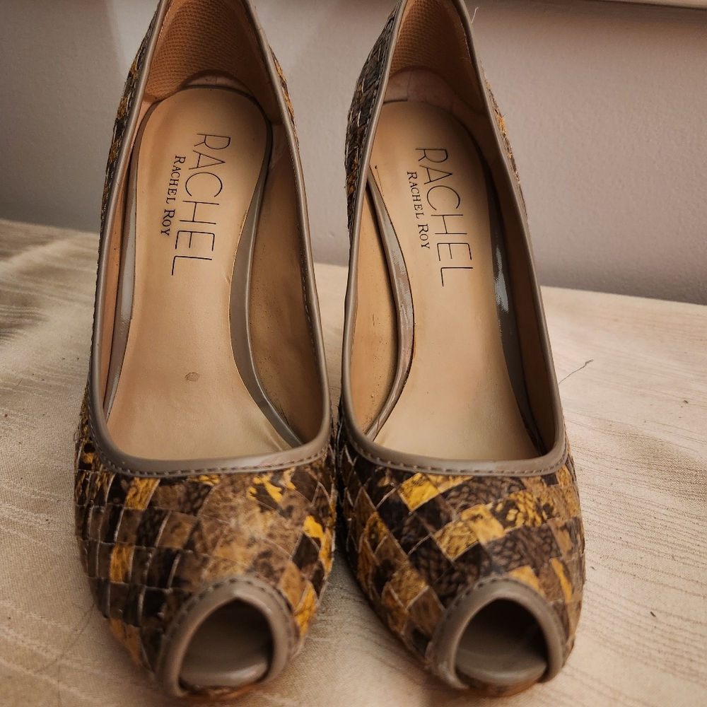 Rachel Roy women's shoes.  Yellow, brown, and taupe leather 4.5" heels.